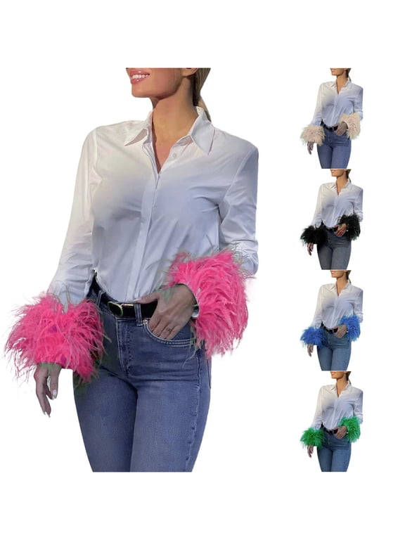 Women's Blouse Feather Lapel Long Sleeve Button Down Shirt Elegant Night Out Officewear Top