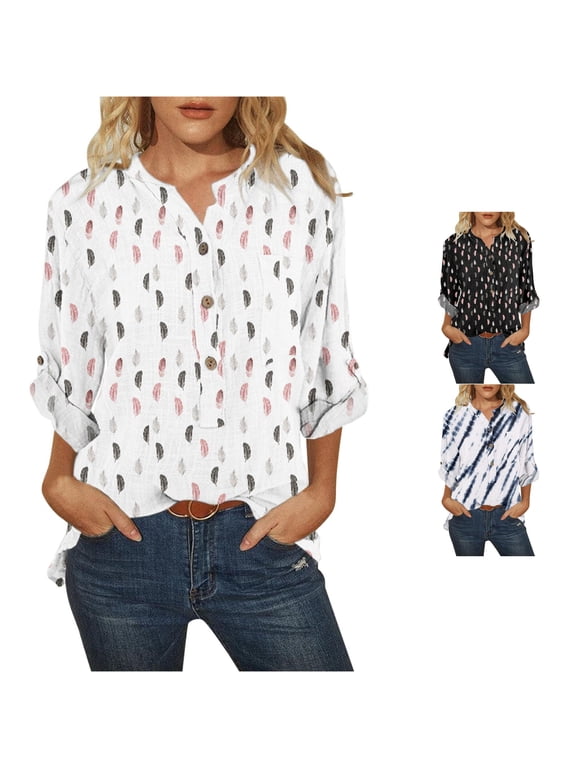 Women's Blouse Feather Print Henley 3/4 Roll-Up Sleeve Pullover Workwear Casual Top