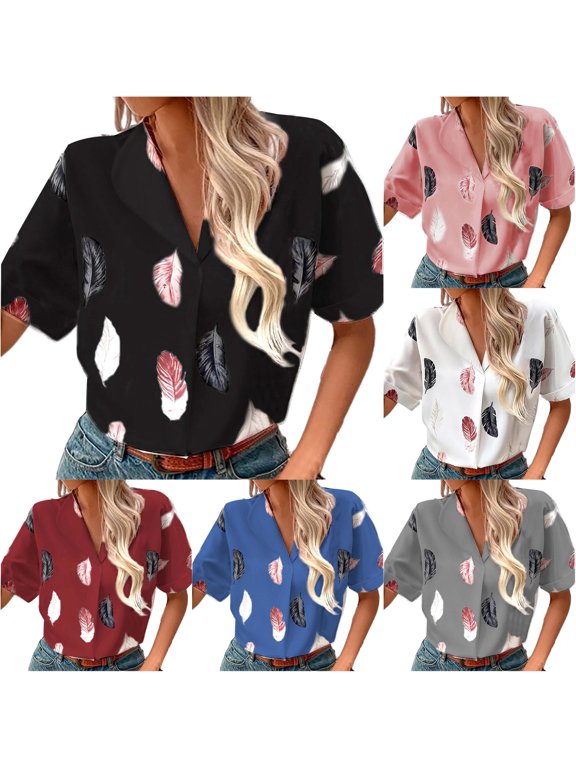 Women's Blouse Feather Print Notch Neck Short Sleeve Button-Down Shirt Vacation Work Top