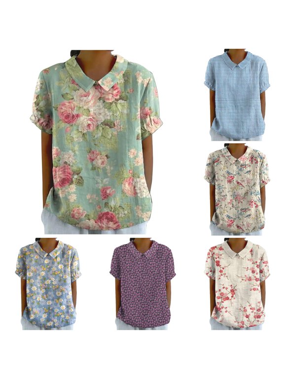 Women's Blouse Floral Bird Print Notch Neck Short Sleeve Pullover Cottagecore Daily Loose Shirt Top