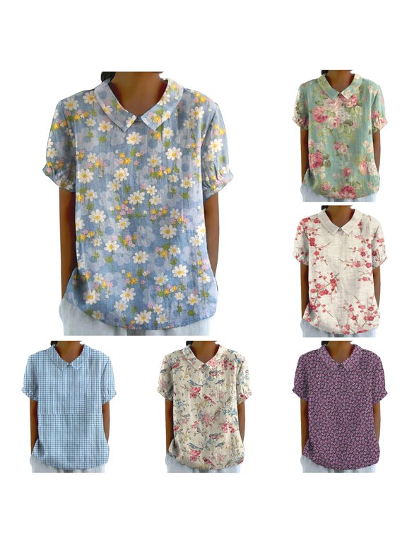 Women's Blouse Floral Bird Print Notch Neck Short Sleeve Pullover Cottagecore Daily Loose Shirt Top