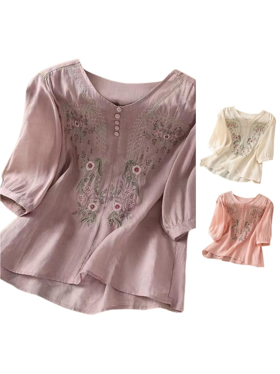 Women's Blouse Floral Embroidery Detail Scoop Neck 3/4 Sleeve Blouse Cottagecore Casual Style Top
