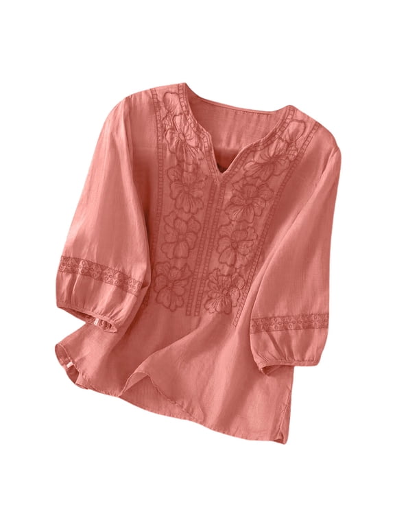 Women's Blouse Hollow Floral Embroidery Detail Keyhole Neck 3/4 Sleeve Loose Blouse Elegant Cottagecore Style Top