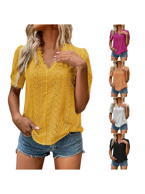 Women's Blouse Hollow Lace V-Neck Short Sleeve Pullover Elegant Cottagecore Casual Daily Top
