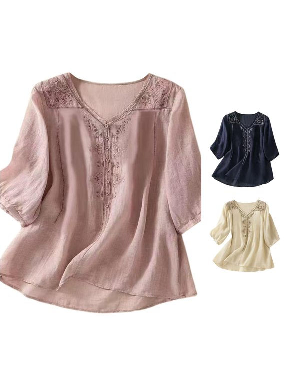 Women's Blouse Lace Embroidery Detail V-Neck 3/4 Sleeve Blouse Cottagecore Casual Style Top
