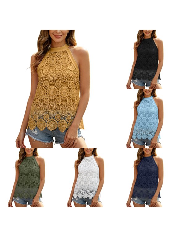 Women's Blouse Lace Hollow Halter High Neck Sleeveless Pullover Elegant Casual Tank Top
