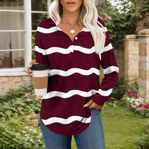 Women's Blouse with Long Sleeves and V-Neck, Striped Print Top Featuring Button Closure, Soft Polyester Spandex Blend for Comfortable Casual and Office Wear