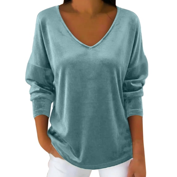 Women's Blouse Lounge Long Sleeve V Neck Solid Pullover Tunic Top Light Blue M