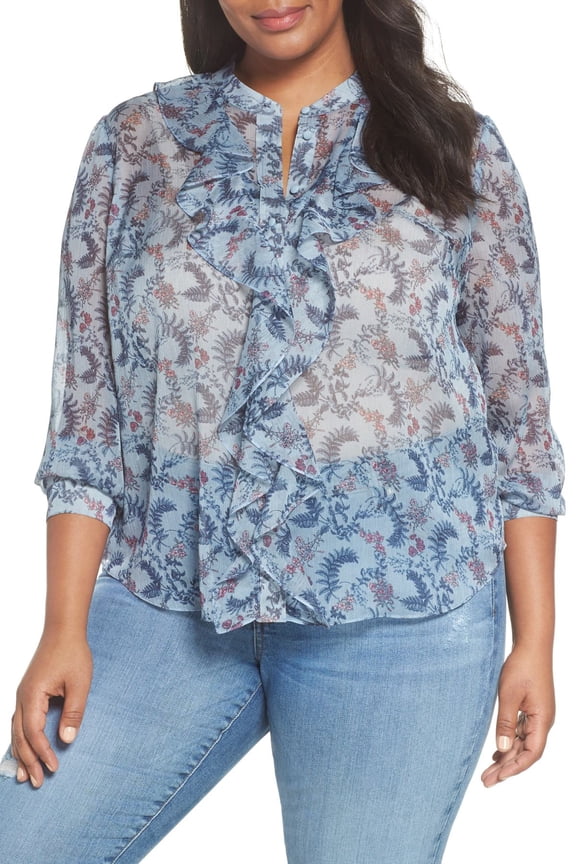 Womens Blouse Plus Ruffled Printed Chiffon Hazy Skies 1X