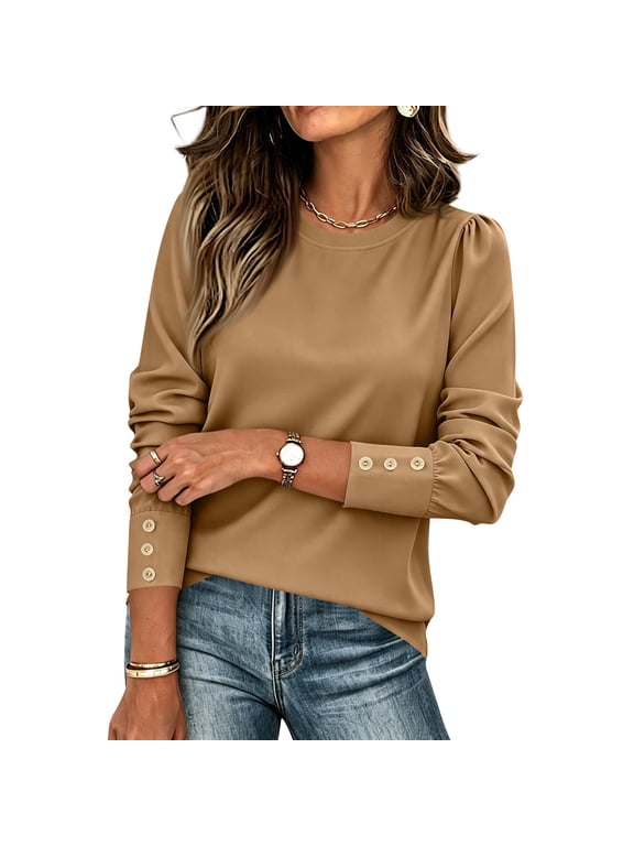 Women's Blouse Puff Shoulder Crewneck Solid Color Casual Long Sleeve Pullover Fall Relaxed Basic Top