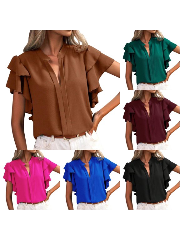 Women's Blouse Ruffle Flutter Sleeve Shirt Notch Neck Split Short Sleeve Dressy Top