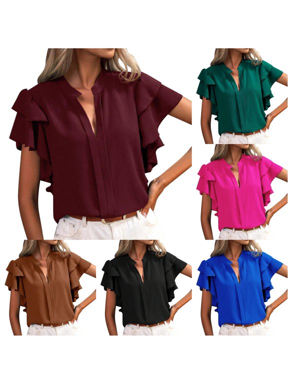 Women's Blouse Ruffle Flutter Sleeve Shirt Notch Neck Split Short Sleeve Dressy Top
