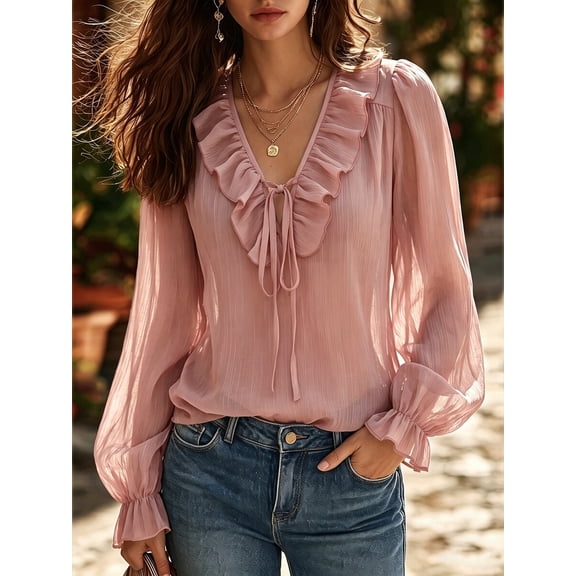 Women's Blouse Ruffle Neck Tie Neck Long Sleeve Puff Sleeve Loose Fit Top for Fall Spring Layering Office Commute Date Night Outfits