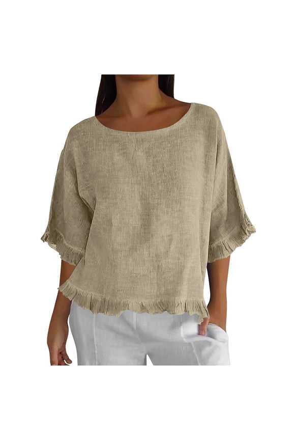 Women's Blouse Ruffle Pleated Hem Tops Loose Casual 3/4 Lenght Sleeve Round Neck Basic Tee Shirts