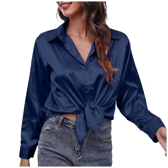 Women's Blouse Satin Silk Shirt Button Down Shirt Casual Loose Long Sleeve Office Work Long Edition Blouse,Navy,S