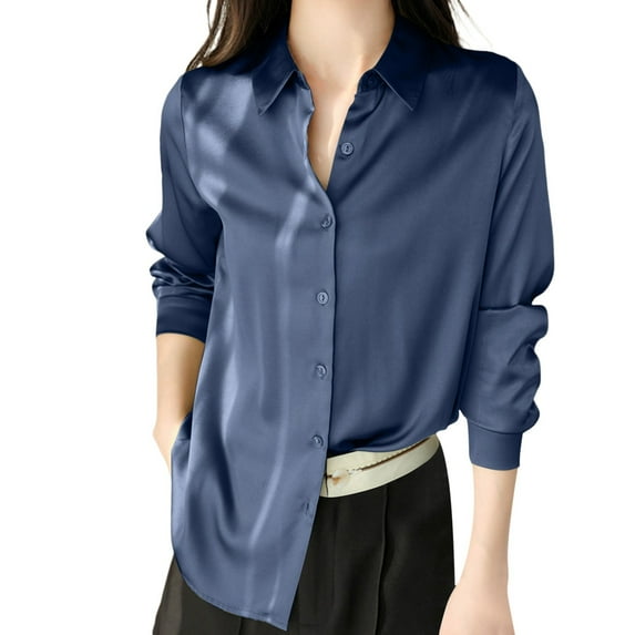 Women's Blouse Satin Silk Shirt Button Down Shirt Casual Loose Long Sleeve Office Work Long Edition Blouse