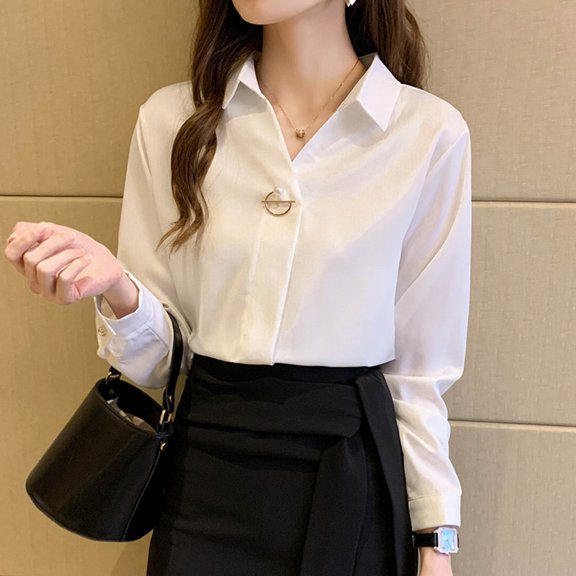 Women's Blouse Satin Silk Shirt Button Down Shirt Casual Loose Long Sleeve Work Long Edition Blouse Casual Tops for Women Blouse for Women Long Sleeve Large Button down Shirt Seamless Comfort Camisole