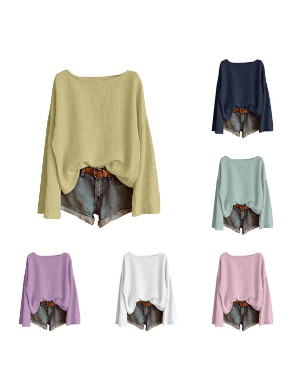 Women's Blouse Solid Color Boat Neck Long Sleeve Pullover Minimalist Loose Fit Casual Top