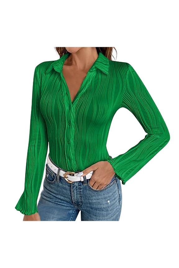 Women's Blouse Solid Color Long Sleeve Button Down Elegant Dressy Jacquard Shirts Tops for Casual Office