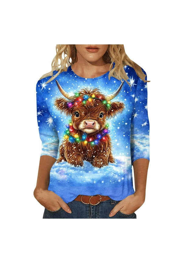 Women's Blouse Spring Fall Crew Neck 3/4 Sleeve Tee Top Cute Highland Cow Christmas Lights Merry Xmas Cows Holiday T-Shirt Tops