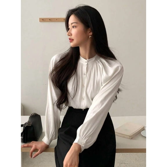 Women's Blouse Stand Collar Long Sleeve Button Down Shirt Regular Fit for Everyday Style