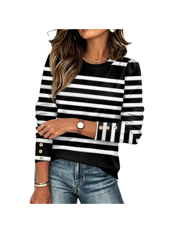 Women's Blouse Striped Brushstroke Print Puff Shoulder Casual Long Sleeve Solid Color Pullover Fall Top