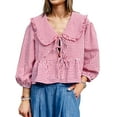 thumbnail image 1 of Women's Blouse Summer Sweet Shirt Plaid Print Lantern Peasant Tops Long Sleeve Doll Collar Tshirts Tie-Up Front Loose Peplum Tops for Casual, 1 of 7