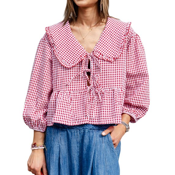 Women's Blouse Summer Sweet Shirt Plaid Print Lantern Peasant Tops Long Sleeve Doll Collar Tshirts Tie-Up Front Loose Peplum Tops for Casual