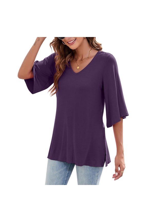 Women's Blouse Tops 3/4 Bell Sleeve Loose V Neck Shirt Dressy