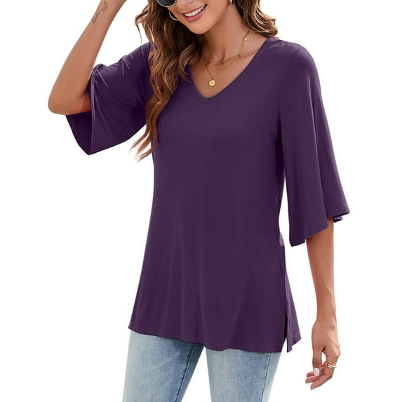 Women's Blouse Tops 3/4 Bell Sleeve Loose V Neck Shirt Dressy
