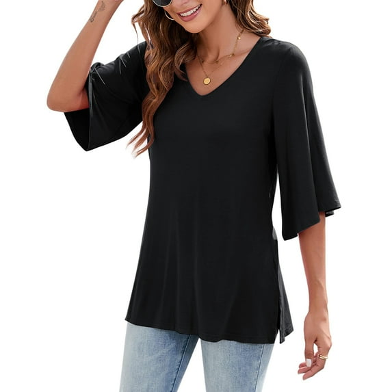 Women's Blouse Tops 3/4 Bell Sleeve Loose V Neck Shirt Dressy