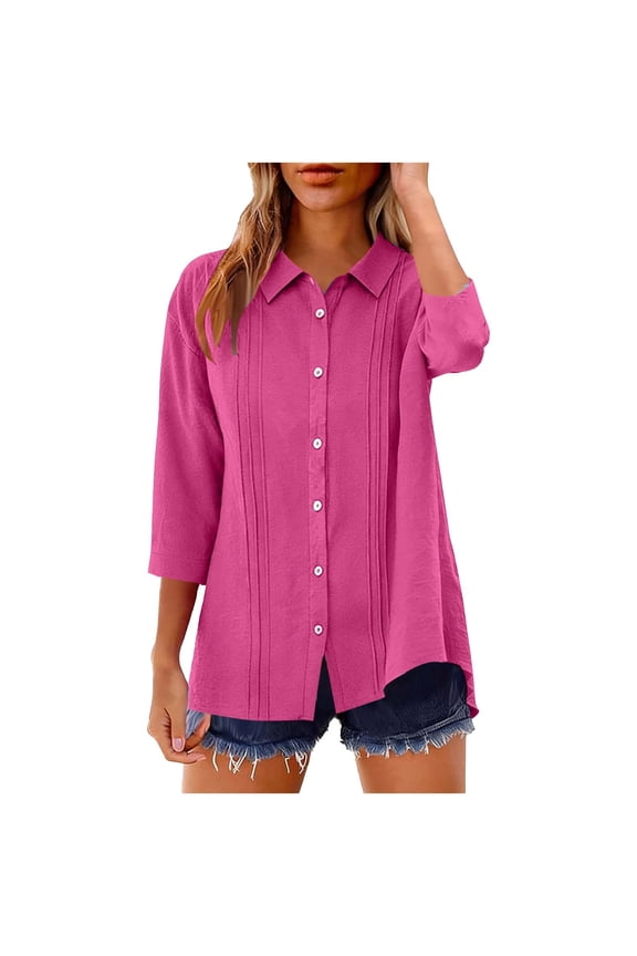 Women's Blouse Tops 3/4 Sleeve Collared V Neck Button Down Cotton Linen Look Shirts Solid Color Lightweight Breathable Summer Tunics
