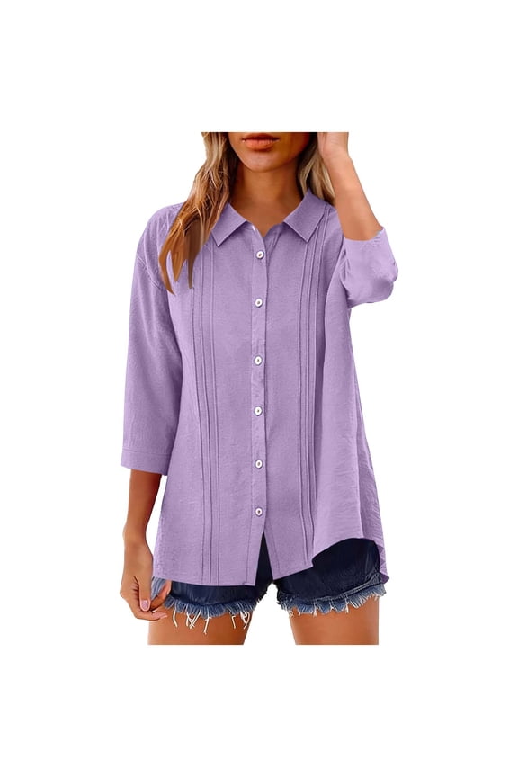 Women's Blouse Tops 3/4 Sleeve Collared V Neck Button Down Cotton Linen Look Shirts Solid Color Lightweight Breathable Summer Tunics