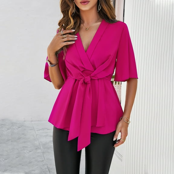 Women's Blouse Tops Elegant Commuter Fashion Casual Pullover Solid Color V-neck Flared Half Sleeve Tie Detail Loose Fit Top