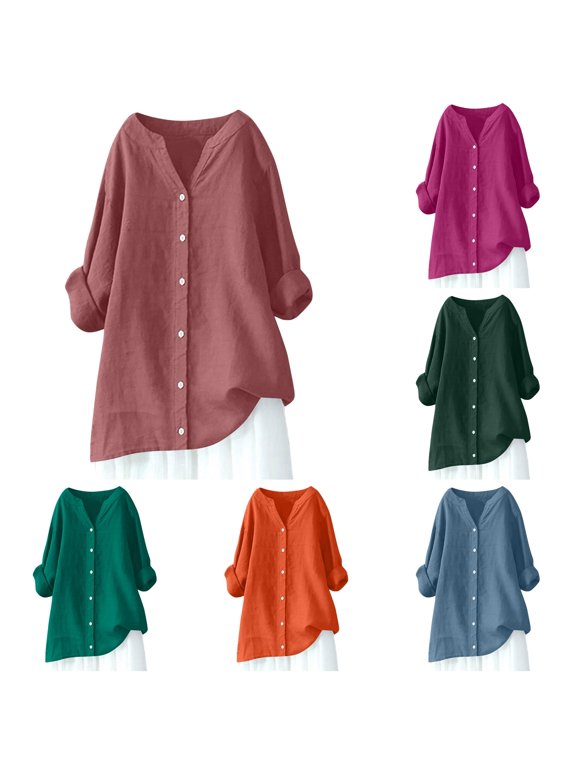 Women's Blouse V-Neck Button Front Long Sleeve Loose Pullover Cottagecore Vacation Top
