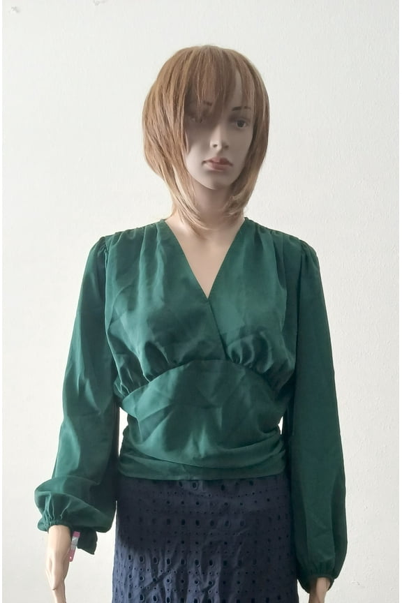 Womens Blouse V-Neck Dark Green Long Sleeve