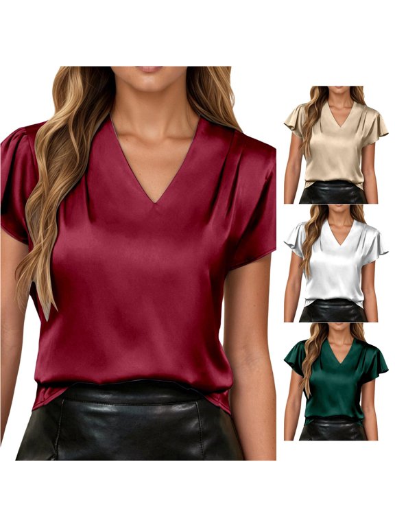 Women's Blouse V-Neck Flutter Short Sleeve Satin Look Pleated Officewear Dressy Top