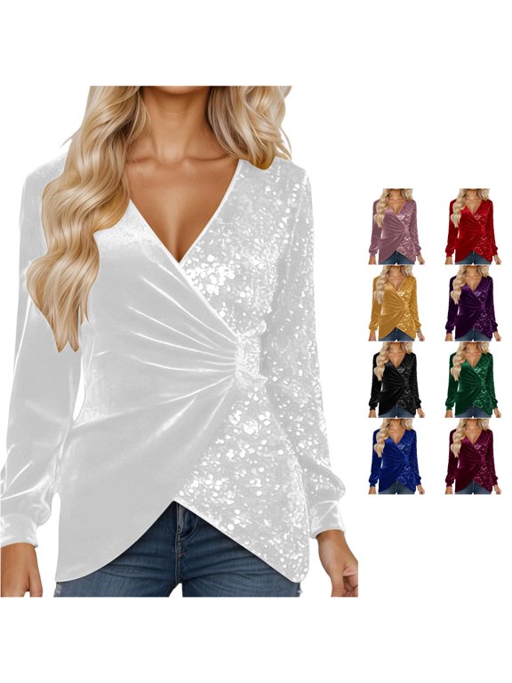 Women's Blouse Velvet Sequin Cross Wrap Ruched V-Neck Long Sleeve Trendy Dressy Party Top