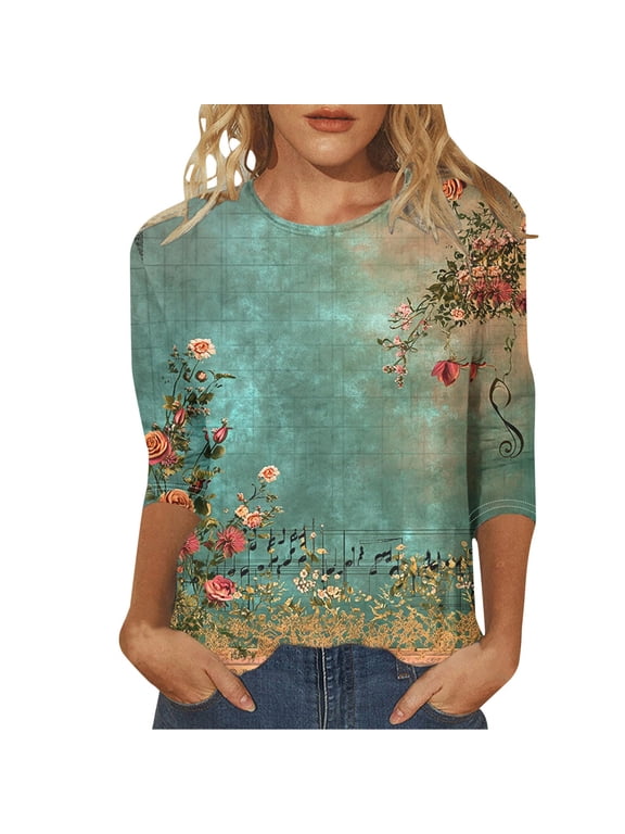 Women's Blouse Vintage Floral Music Note 3/4 Sleeve Crew Neck Pullover Cottagecore Elegant Daily Top