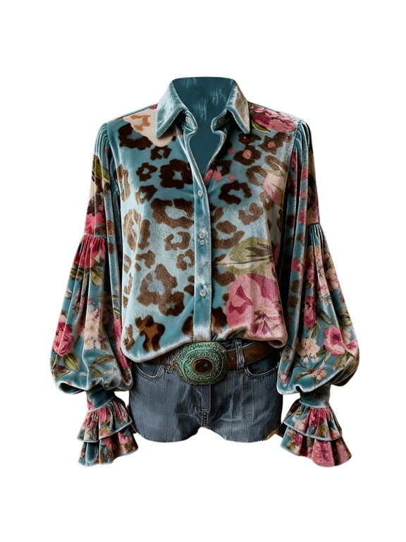 Women's Blouse Vintage Leopard Floral Mix Print Velvet Puff Sleeve Ruffle Notch Neck Long Sleeve Button-Down Boho Y2K Top