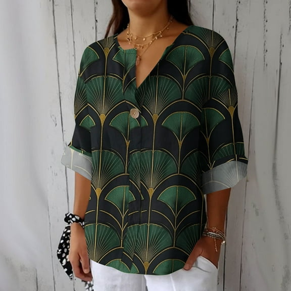 Women's Blouses Autumn Linen Blouses Tops 3/4 Sleeves Button Closure Striped V-neck Shirt Fashionable Loose Women's Top Casual Autumn Outfit Basic Essential Leisurewear