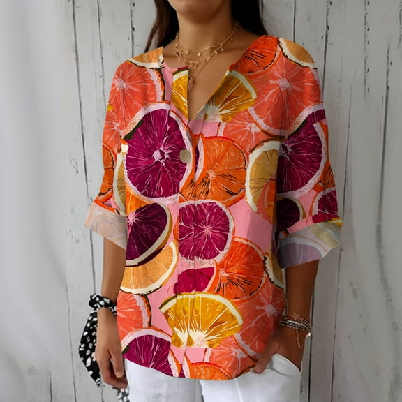 Women's Blouses Autumn Linen Blouses Tops 3/4 Sleeves Button Closure Striped V-neck Shirt Fashionable Loose Women's Top Casual Autumn Outfit Basic Essential Leisurewear