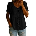 thumbnail image 1 of Women's Blouses Breathable Casual Cotton Linen Tops Crew Neck Short Sleeve Button Down Tee Summer Shirts Black M, 1 of 8