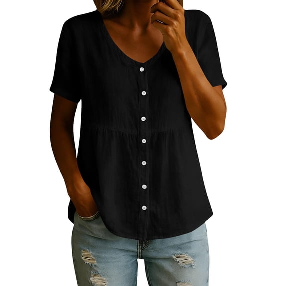 Women's Blouses Breathable Casual Cotton Linen Tops Crew Neck Short Sleeve Button Down Tee Summer Shirts Black M