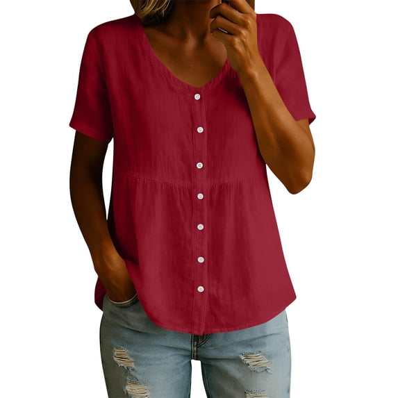 Women's Blouses Breathable Casual Cotton Linen Tops Crew Neck Short Sleeve Button Down Tee Summer Shirts Red XXL