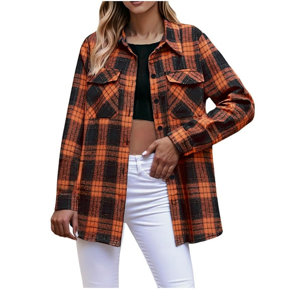 Women's Blouses & Button-Down Shirts Long Sleeve Fall Lightweight Fashion Shirts Casual Dressy Plaid Shacket with Pockets Saffron XL