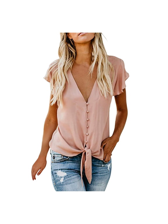 Women's Blouses Casual Breathable Deep V Neck Sleeve Button Down Front Tie Casual Tops Summer Shirts Pink M