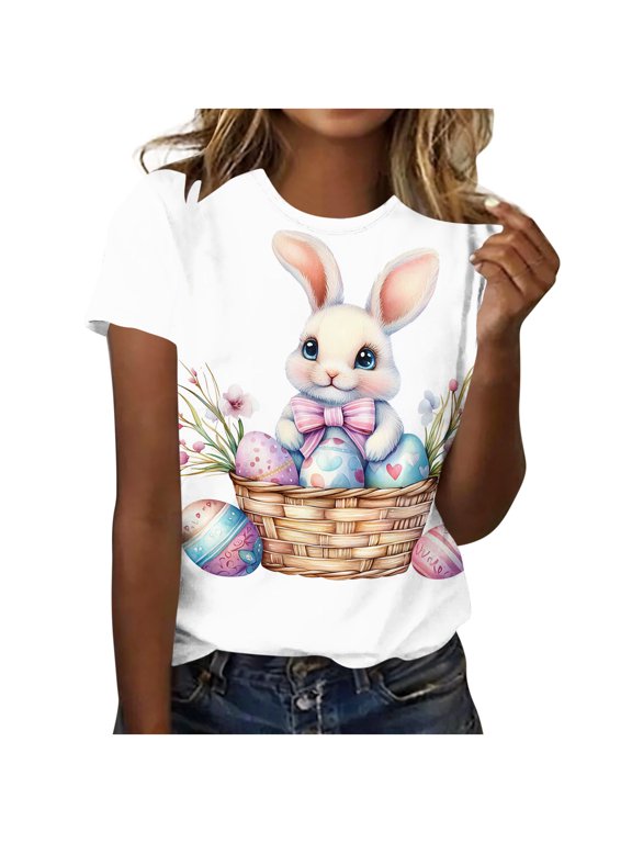 Women's Blouses Casual,Easter Various Bunny Shirts for Women Easter Egg Leopard Bunny Graphic Tee Spring Cute Tops