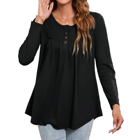 Womens Blouses Casual Long Sleeve Tops Plus Size Swing Button Down Tunics Black