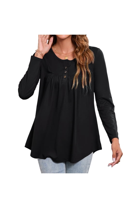 Womens Blouses Casual Long Sleeve Tops Plus Size Swing Button Down Tunics Black